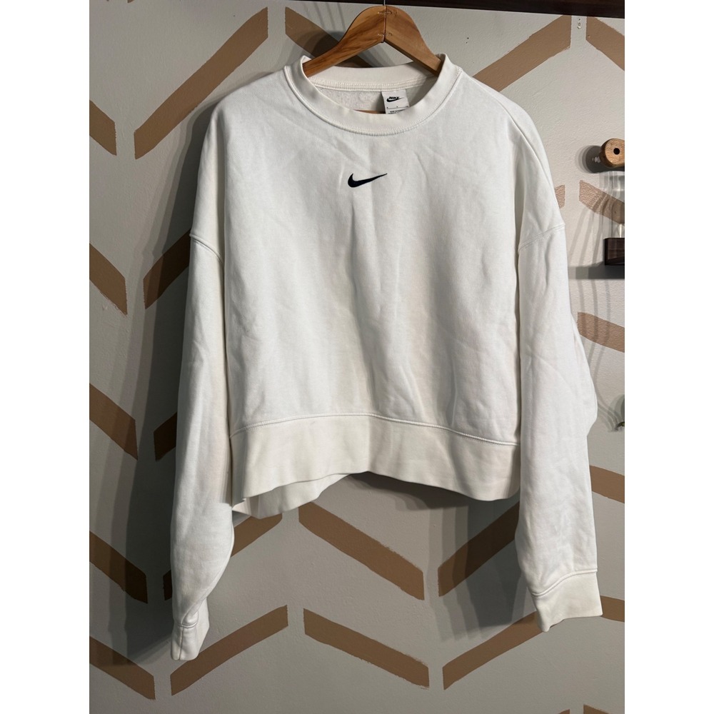 Nike Sweatshirt Womens Small White Cropped Embroidered Swoosh Pullover Fleece